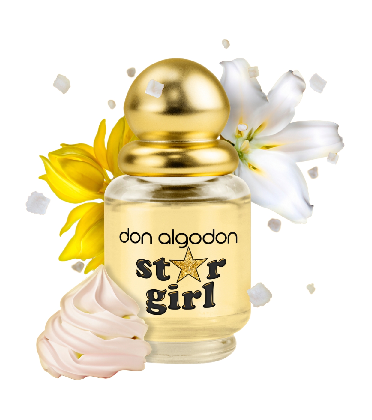 Frasco de perfume Don Algodon Star Girl com flores e creme ao redor