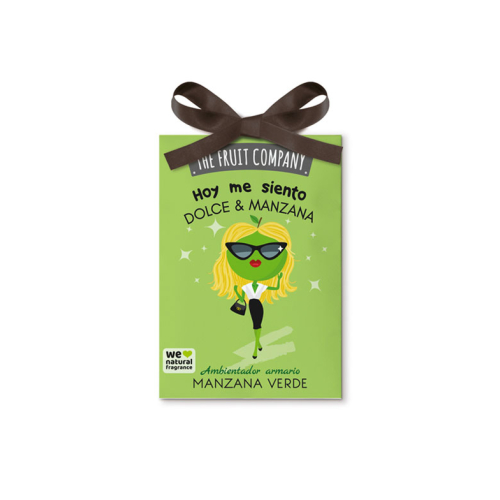 Ambientador de armário verde com fita castanha e ilustração de maçã verde com óculos de sol