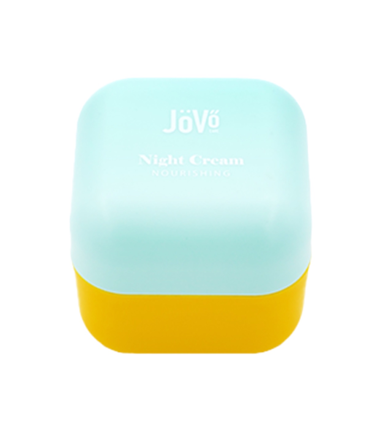 Frasco quadrado azul claro e amarelo de creme noturno Jövé