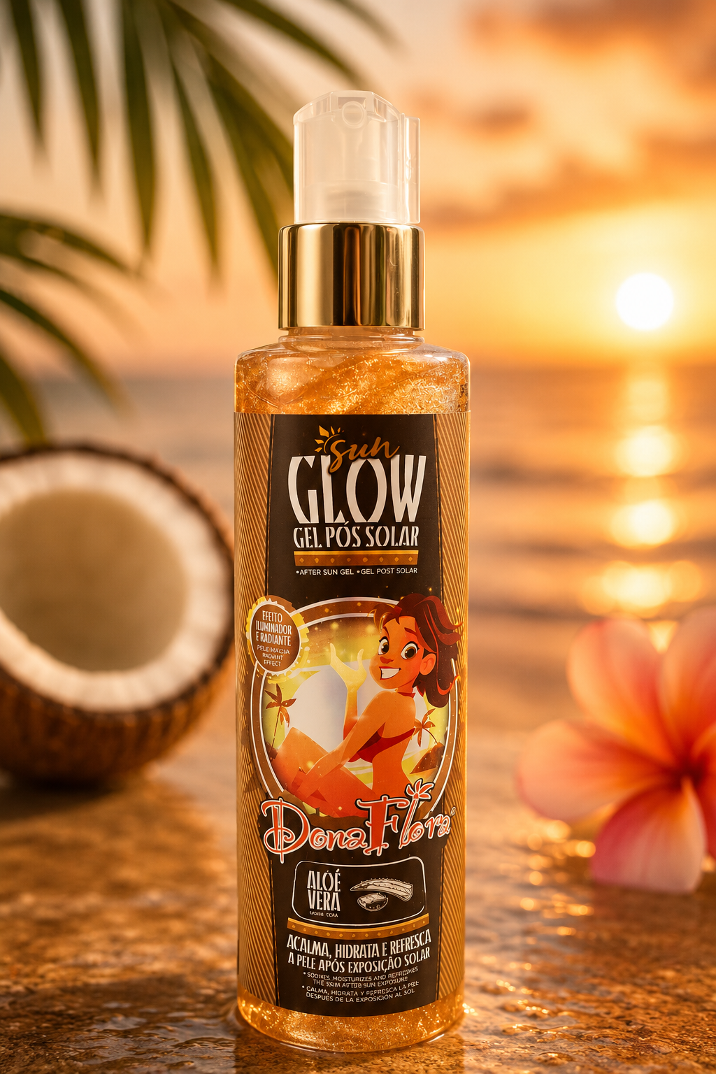 Gel pós solar Dona Flora em frasco dourado com partículas brilhantes, coco partido e flor ao fundo na praia ao pôr do sol