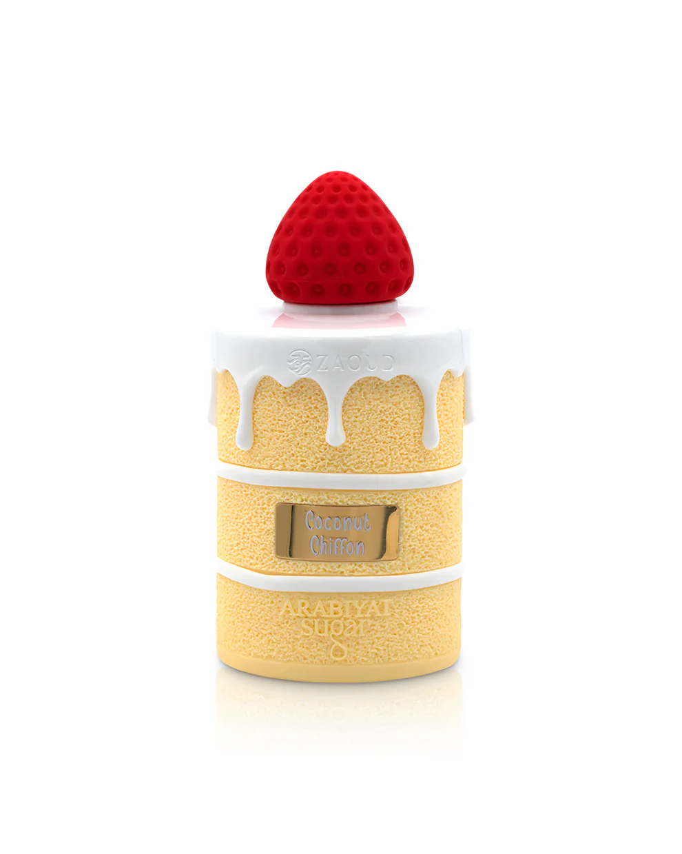 Frasco de perfume com design de bolo amarelo, cobertura branca e morango vermelho no topo