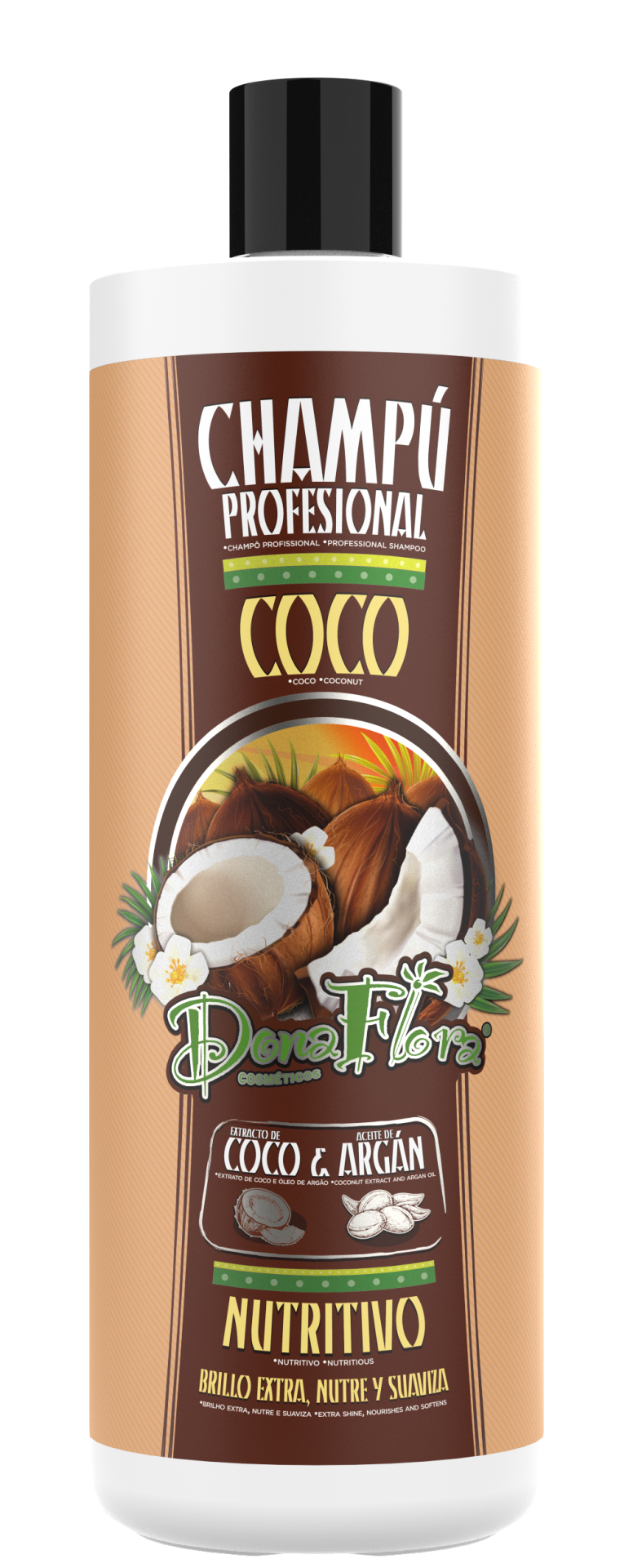 Frasco de champô profissional Dona Flora coco com imagens de cocos e texto nutritivo