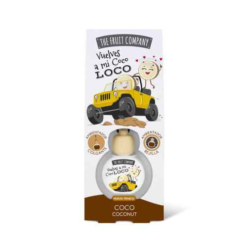 Frasco branco e madeira com rótulo 'Vuelves a mi Coco LOCO', embalagem branca com texto e ilustrações