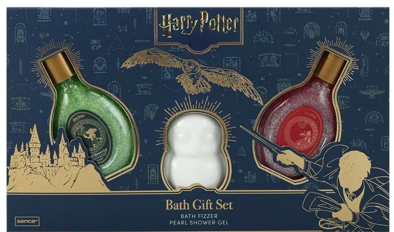 Conjunto de banho Harry Potter com bomba de banho branca e dois géis de duche perlados verde e vermelho