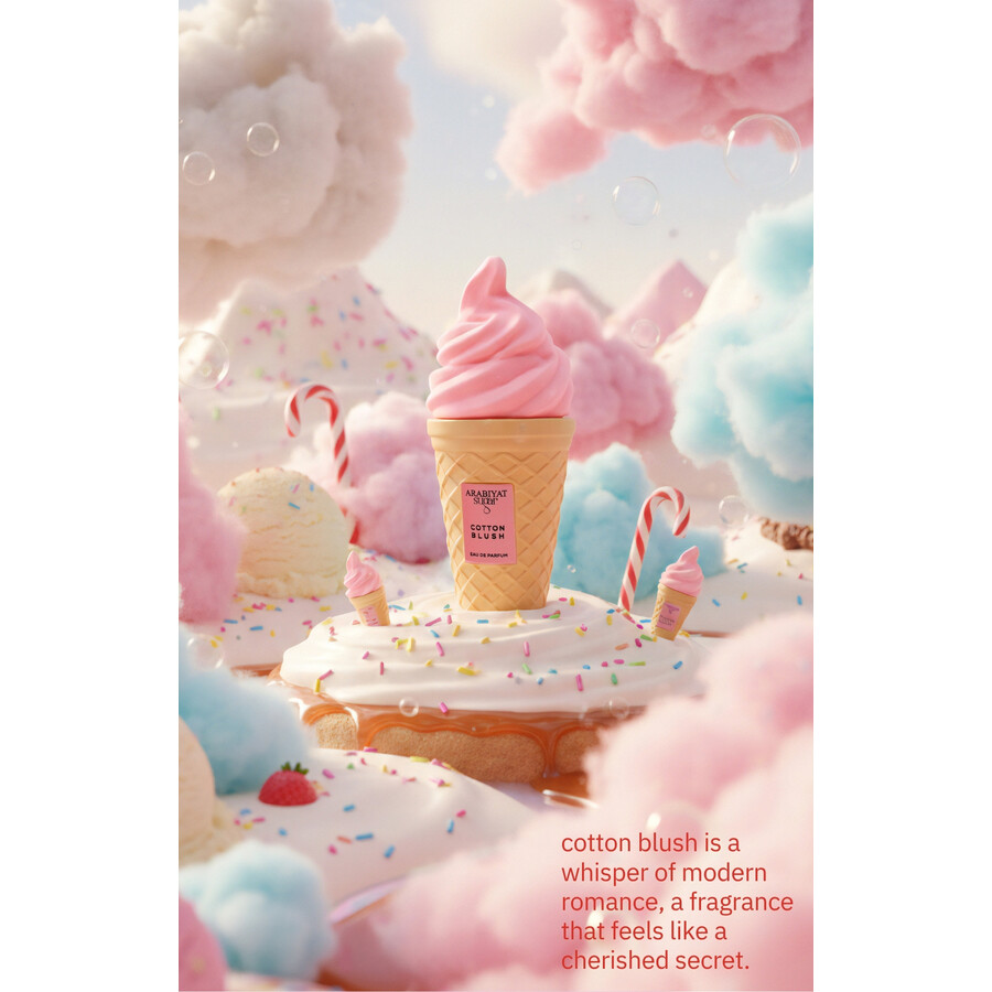 Frasco de perfume em forma de gelado rosa com cenário de doces e algodão-doce colorido