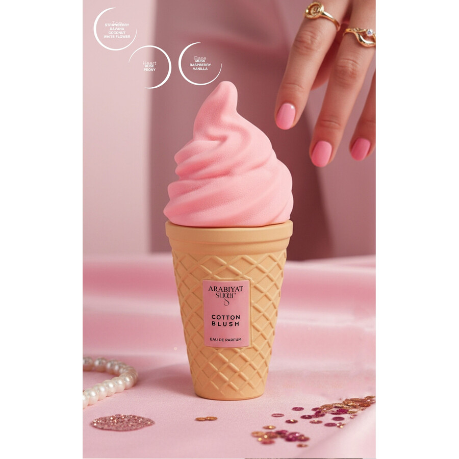 Frasco de perfume em forma de cone de gelado rosa e castanho claro com mão feminina decorativa