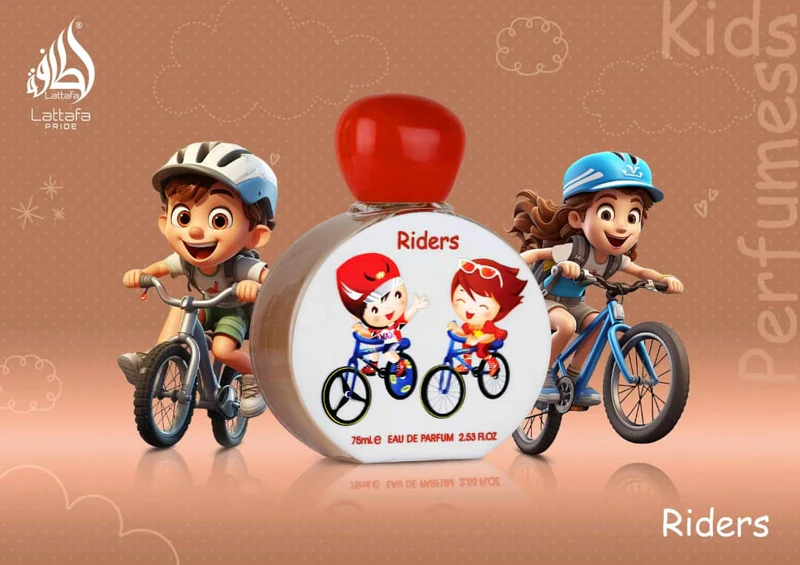 Frasco de perfume infantil Riders com ilustração de crianças em bicicletas e duas personagens animadas ao lado