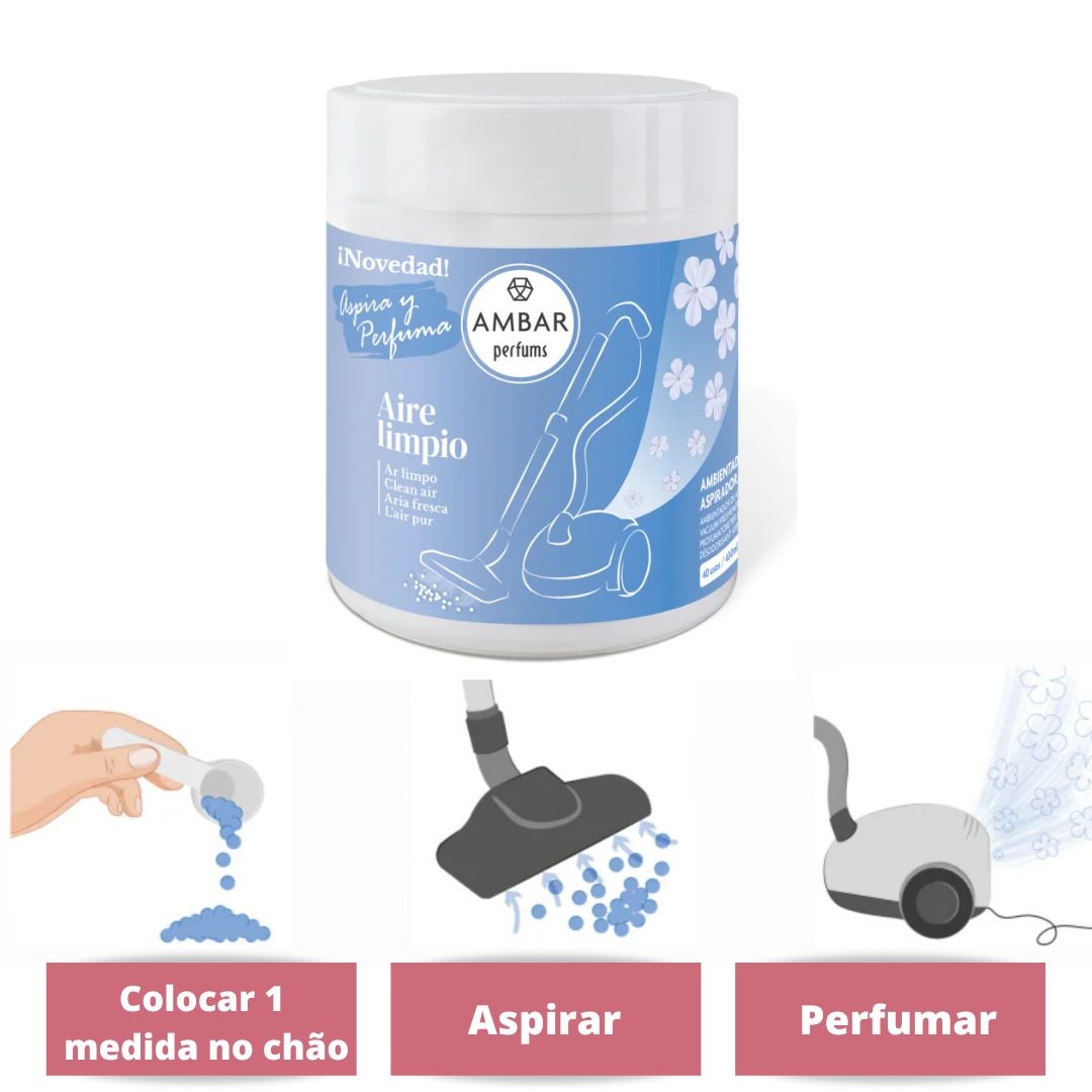 frasco branco com rótulo azul de perfume para aspirar o ar, com instruções visuais para aplicar no chão, aspirar e perfumar