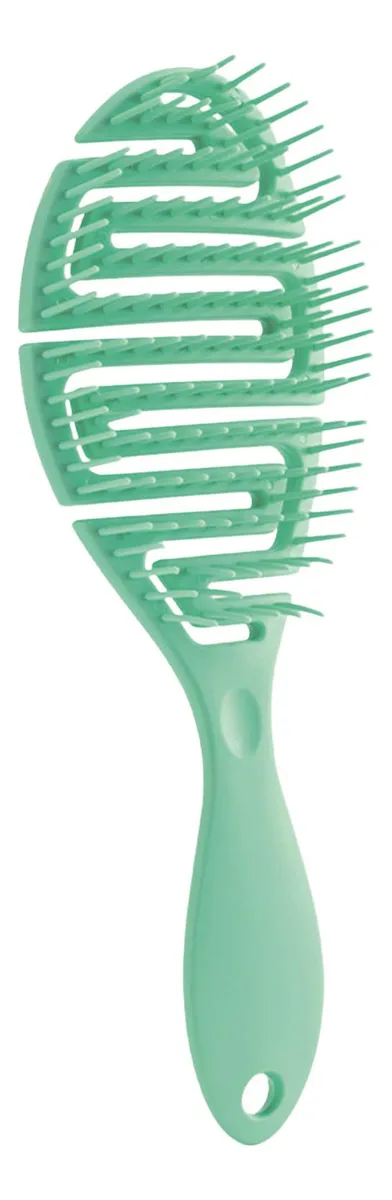 Pente de cabelo verde água com dentes curvados e cabo com orifício