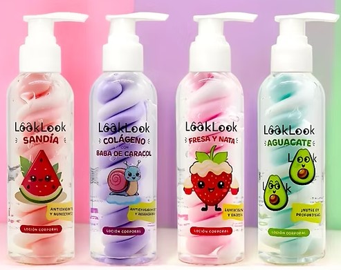 Frascos coloridos de loção corporal LookLook de Sandía, Colágeno Baba de Caracol, Fresa y Nata e Aguacate com dispensers brancos.