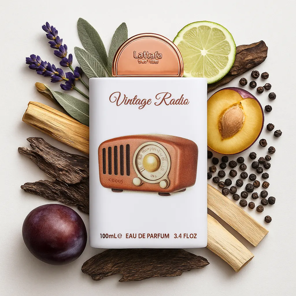 Frasco de perfume Vintage Radio com design de rádio retro cercado por ingredientes naturais