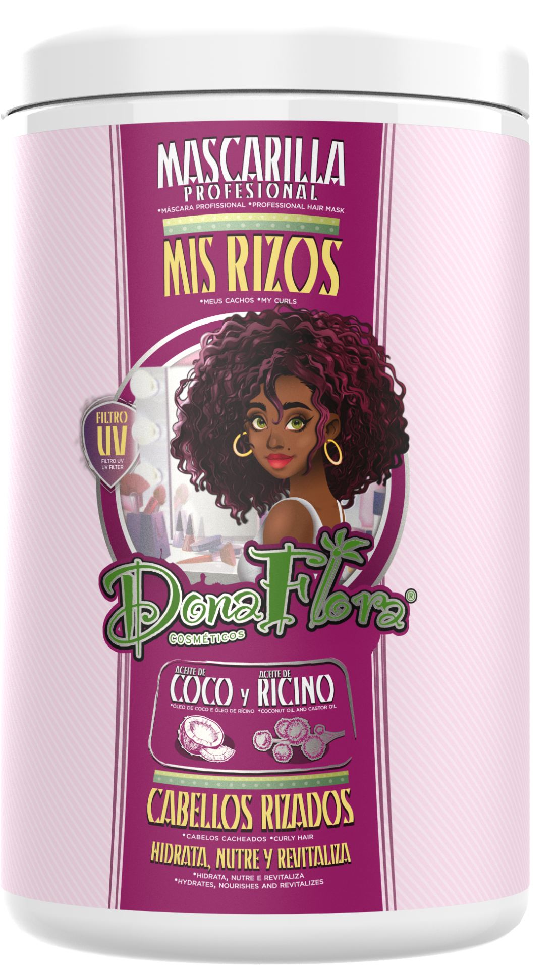 Máscara para cabelo cacheado Dona Flora, embalagem rosa com tampa branca