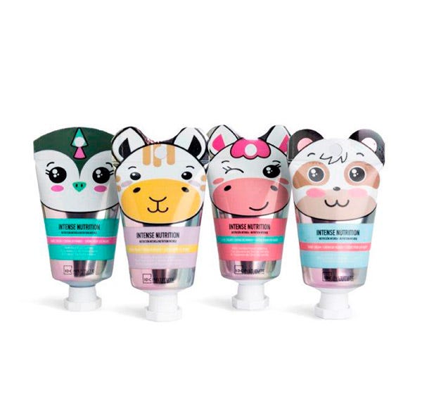 Tubos de creme com rostos de animais e texto INTENSE NUTRITION