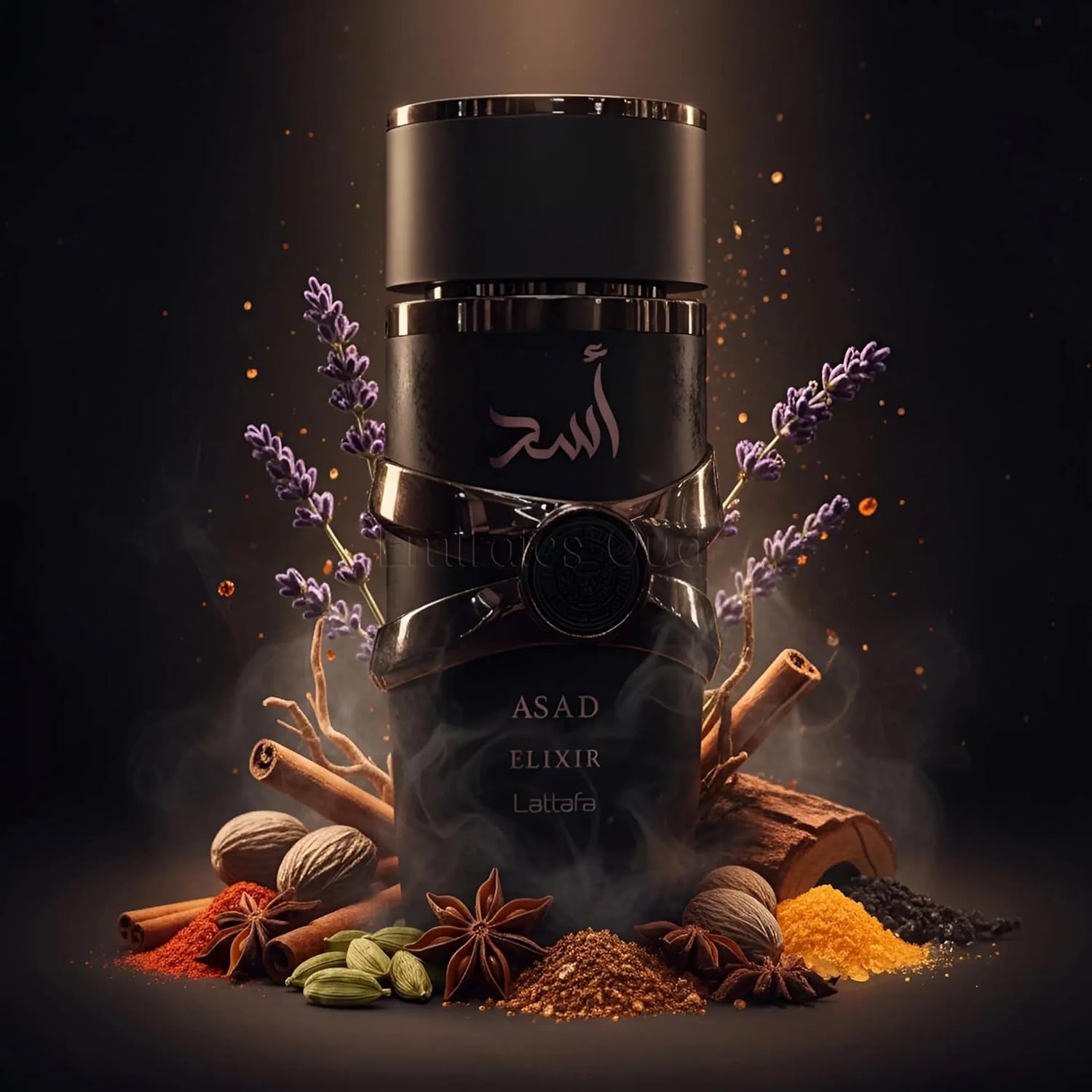 frasco de perfume preto com dourado e especiarias