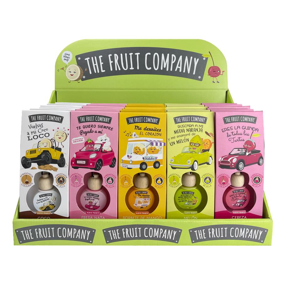 Cinco frascos de The Fruit Company com rótulos coloridos em caixa verde