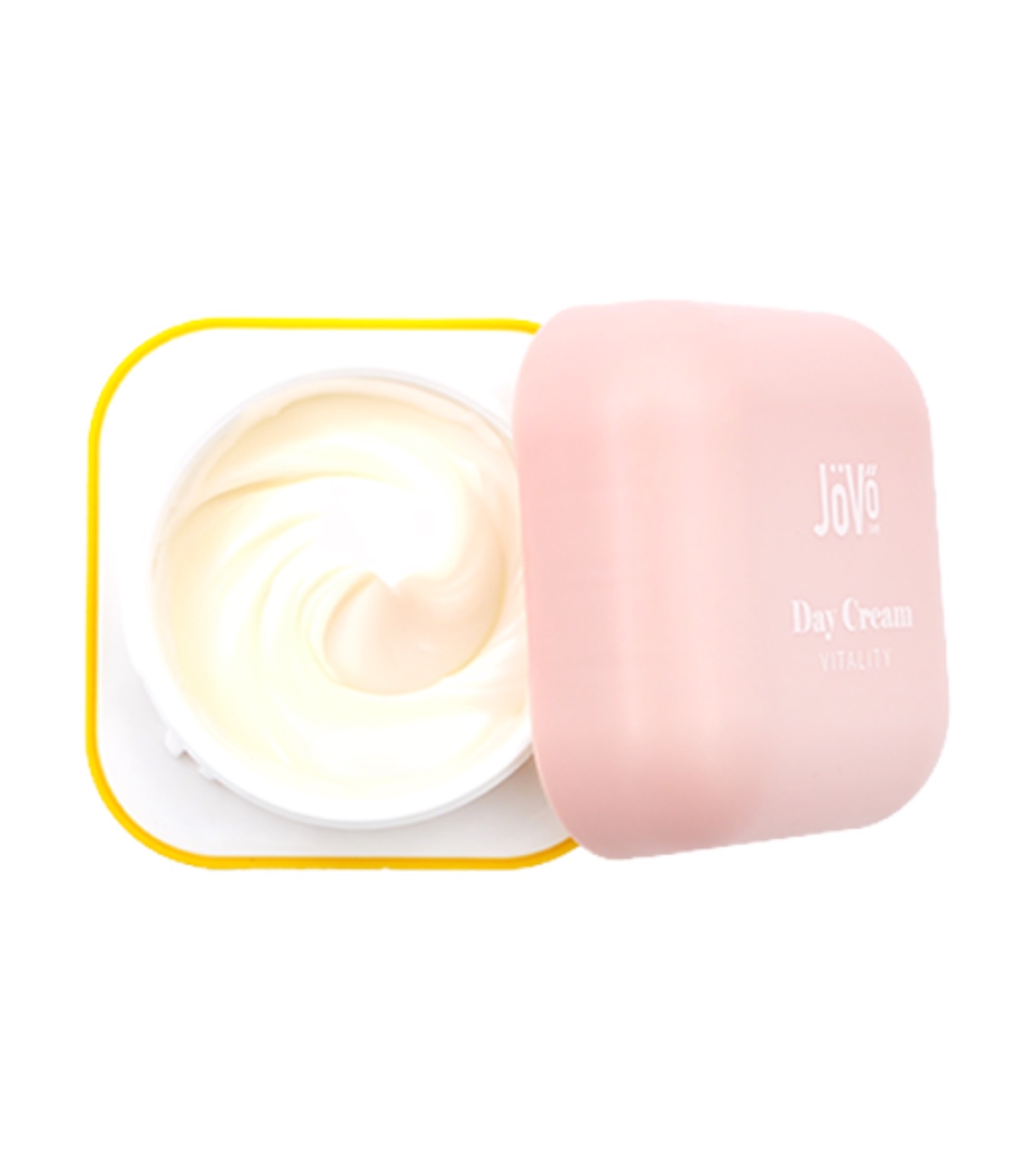 Creme de dia em recipiente branco com tampa rosa claro e texto Joyé Day Cream