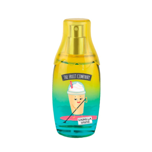Frasco de spray amarelo e azul com desenho animado e texto THE FRUIT COMPANY VANILLA island