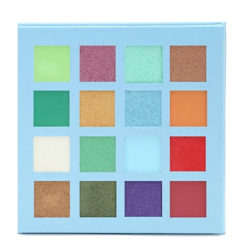 Palette de maquilhagem com cores variadas em embalagem azul clara