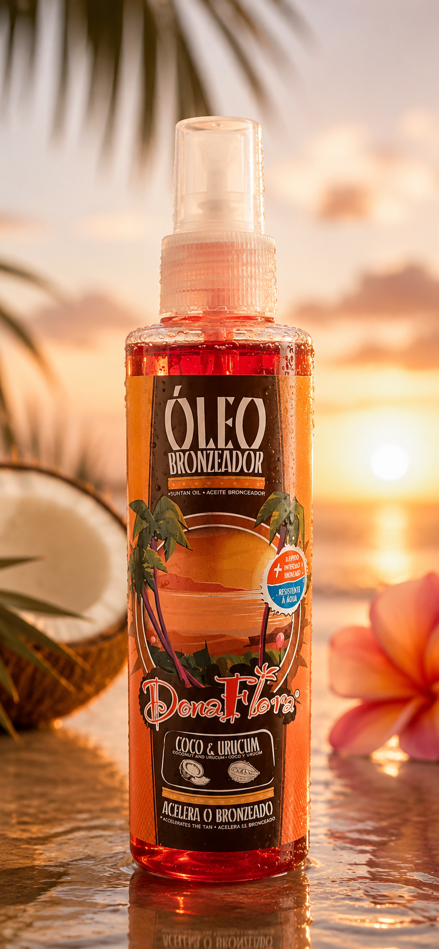 Frasco de óleo bronzeador Dona Flora em fundo de pôr-do-sol com coco e flor.