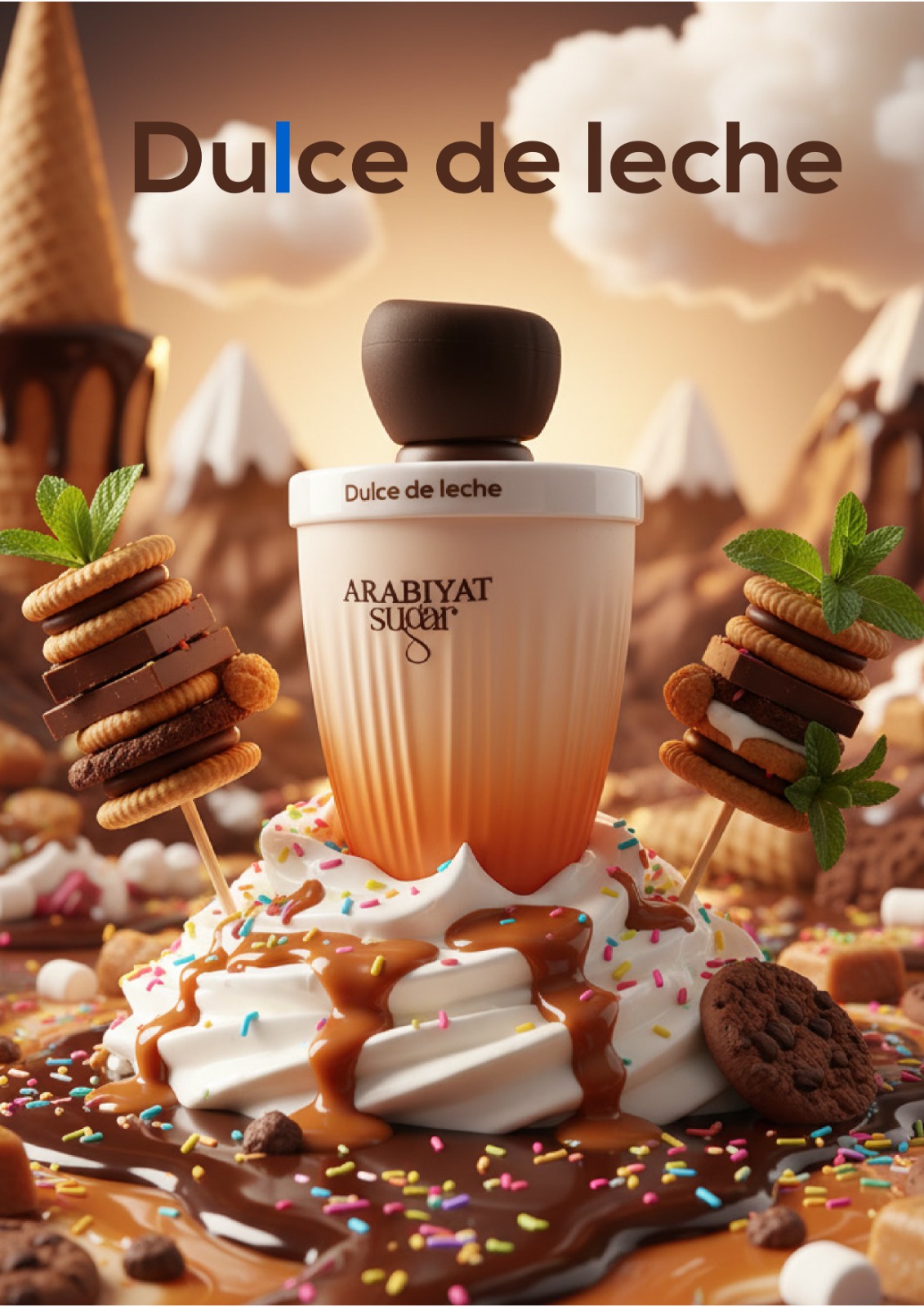 Frasco de perfume com decoração de chantilly, bolachas e chocolate em cenário doce.