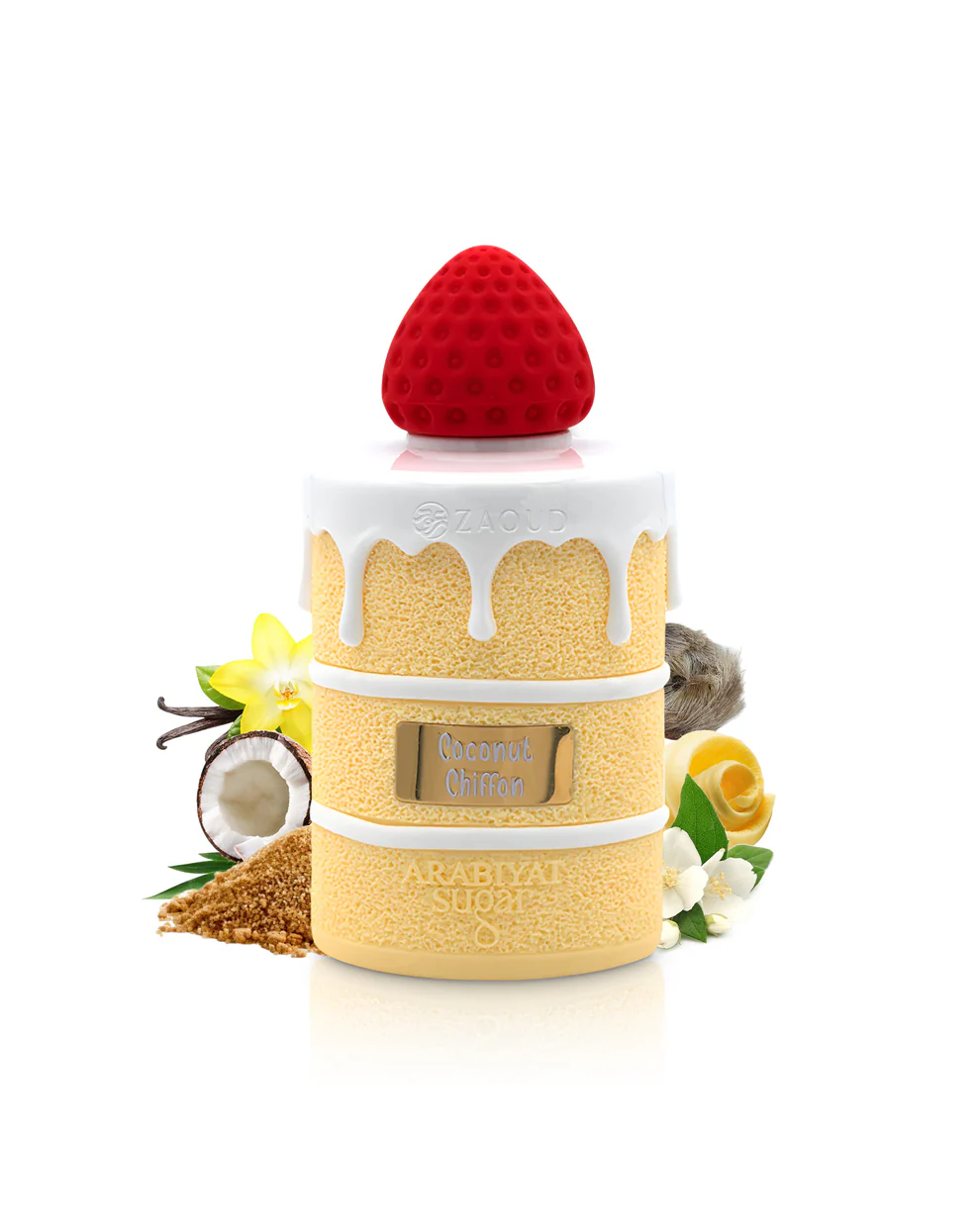 Frasco decorativo amarelo com tampa branca e morango vermelho, detalhes de coco e baunilha no fundo
