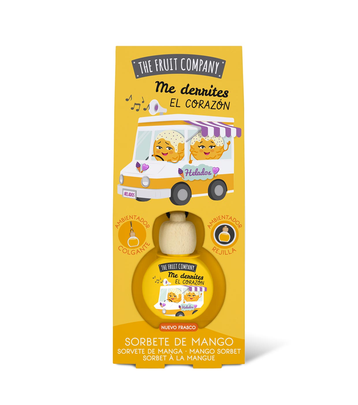 Frasco de sorvete de manga em embalagem amarela com ilustração de carrinho e texto em espanhol e português
