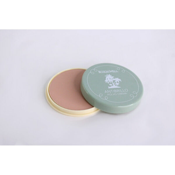 pó compacto creme com tampa verde e texto branco