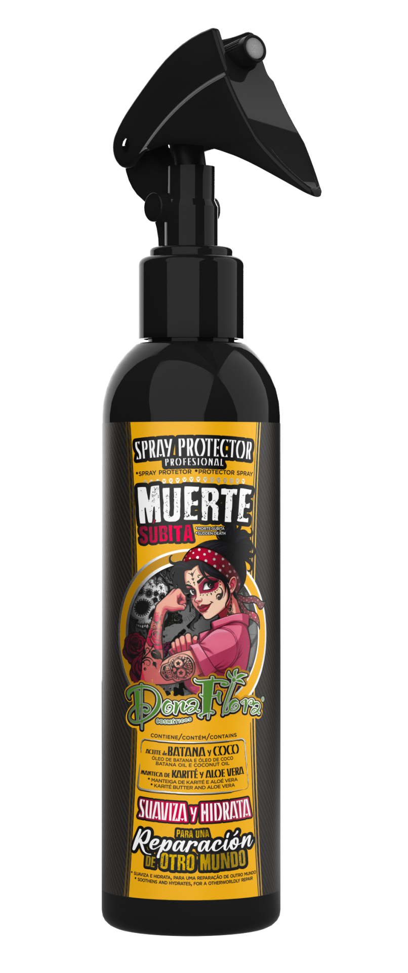 Frasco de spray protetor preto com etiqueta amarela e ilustração colorida