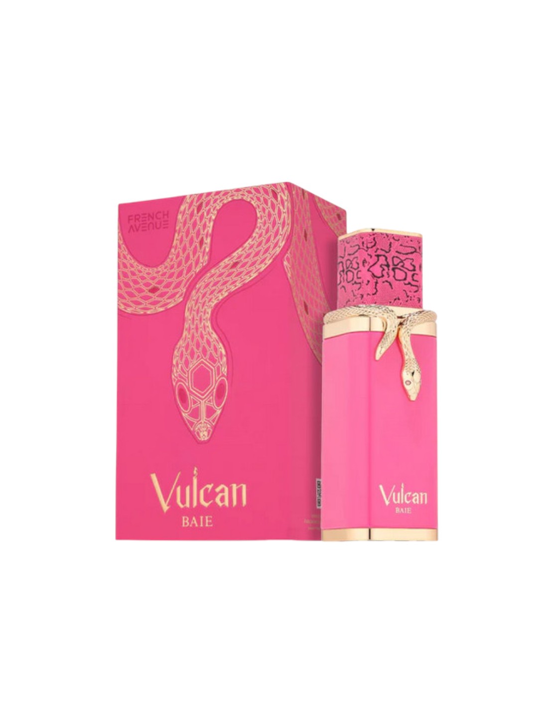Frasco e caixa de perfume rosa com detalhes de cobra e texto dourado