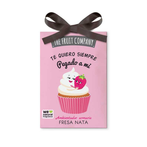 Embalagem rosa de ambientador para armário com laço castanho e ilustração de cupcake e morango