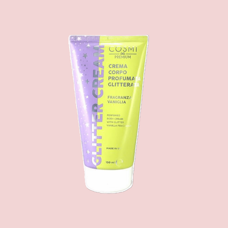 Frasco de creme corporal perfumado com glitter COSMI em amarelo e lilás