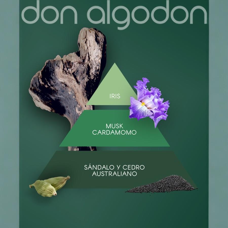 Pirâmide de fragrância com flores e especiarias, texto don algodon