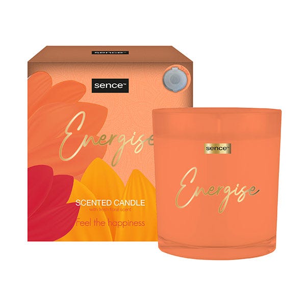 Vela perfumada Sence Energise em vidro laranja com embalagem colorida