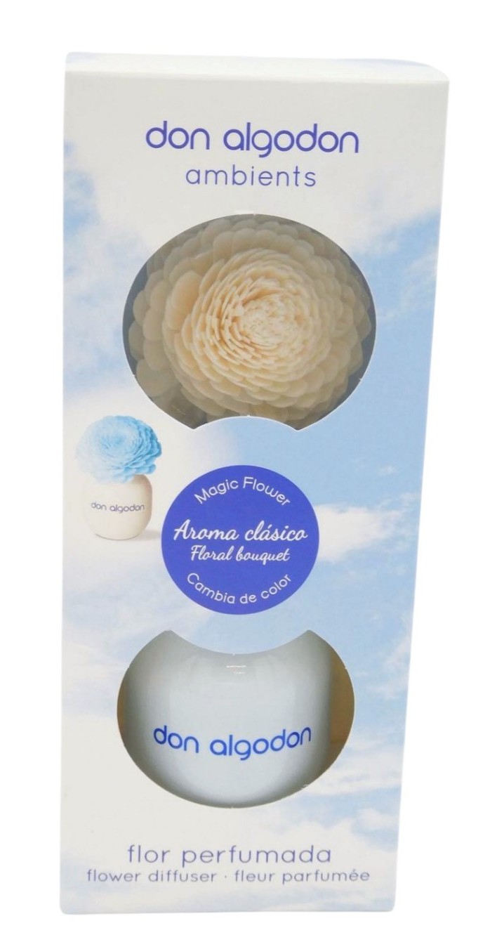 Difusor de flores perfumadas don algodon com embalagem azul e branca