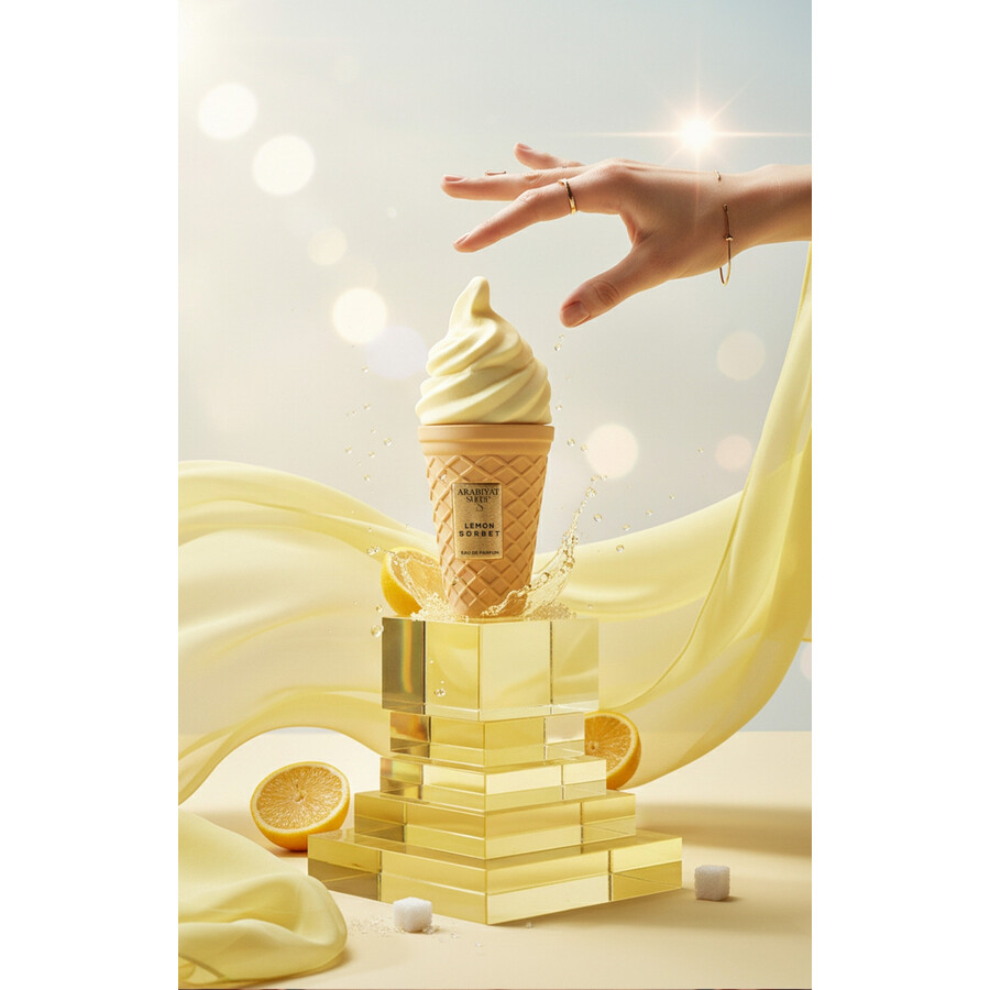 Frasco de perfume em forma de gelado Lemon Sorbet sobre pedestal dourado com limões e mão feminina