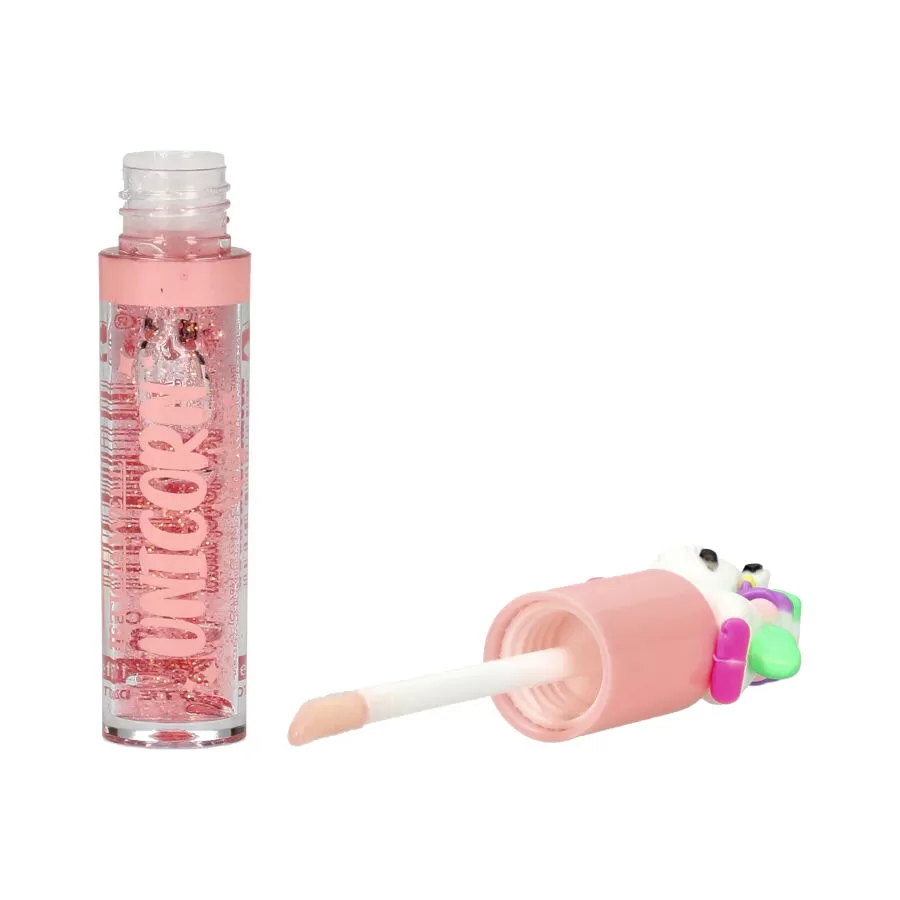 Batom líquido rosa com tampa rosa decorada com unicórnio