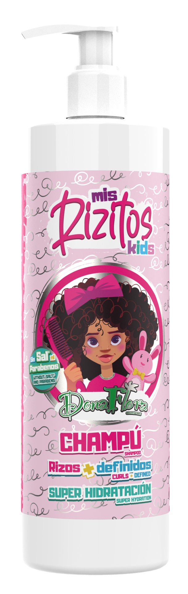 Frasco de shampoo infantil Miss Rizitos kids com ilustração, rótulo rosa