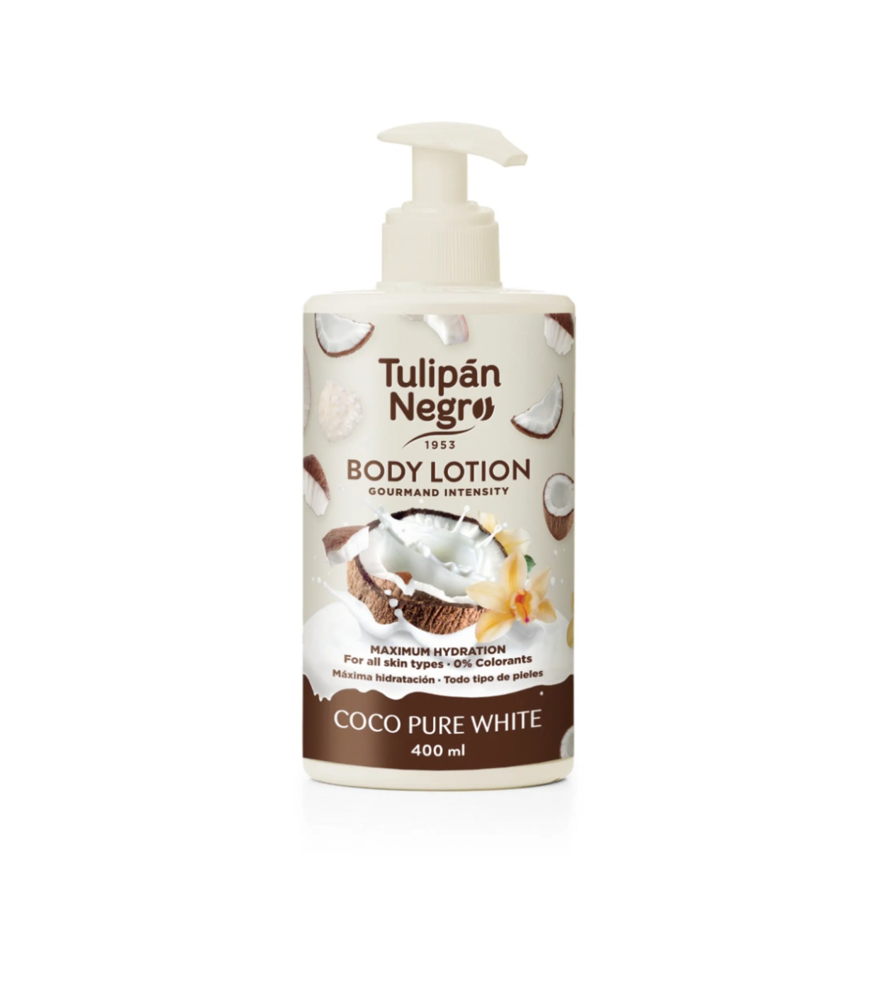 Loção corporal Tulipán Negro 400 ml com aroma de coco em embalagem branca com tampa de bomba