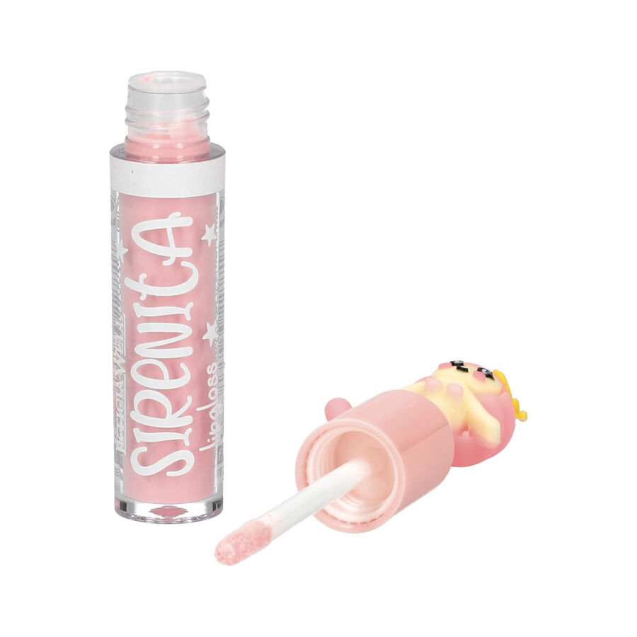 Batom líquido rosa claro com tampa decorada e texto SIRENITA lip gloss