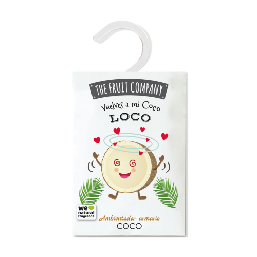 Ambientador para armário com aroma coco e ilustração de coco sorridente em embalagem branca