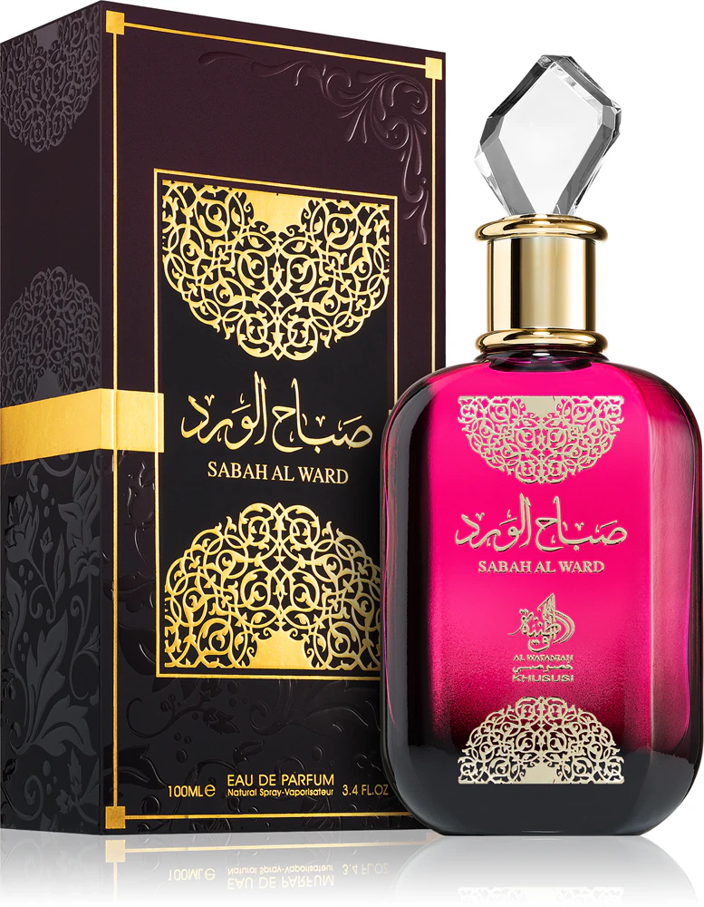 Frasco de perfume vermelho com tampa de cristal e embalagem preta com detalhes dourados