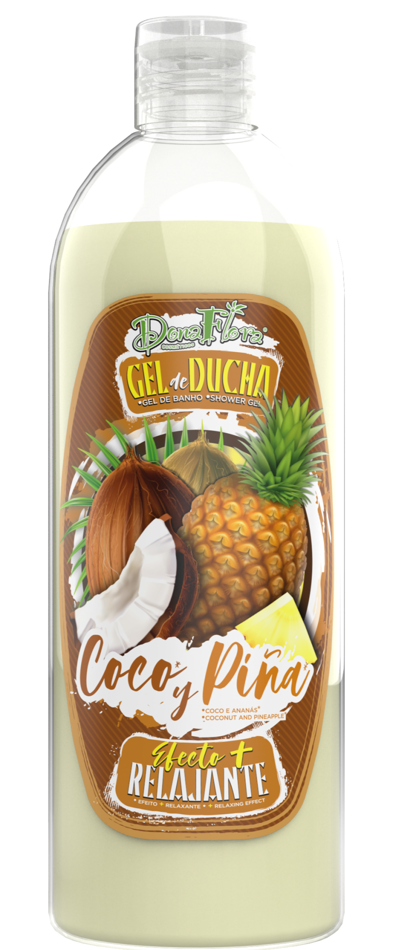 Frasco de gel de duche Dona Flora coco e piña com rótulo e imagens de frutas.