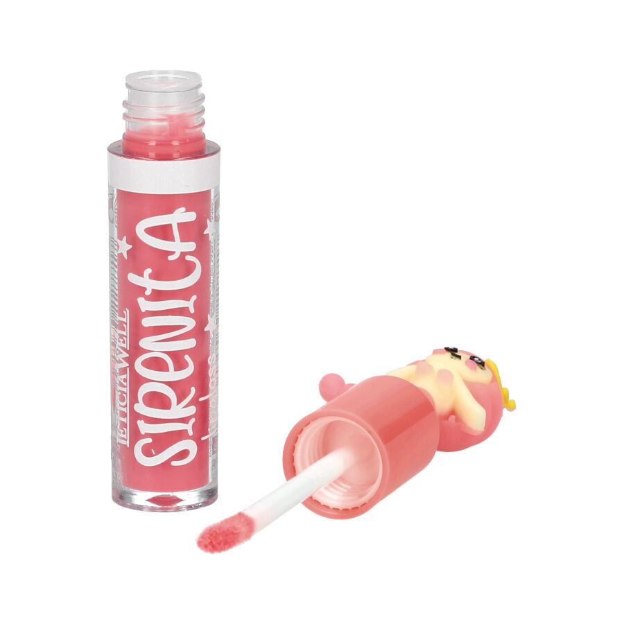 Gloss labial vermelho com aplicador e tampa decorada com personagem de sereia.