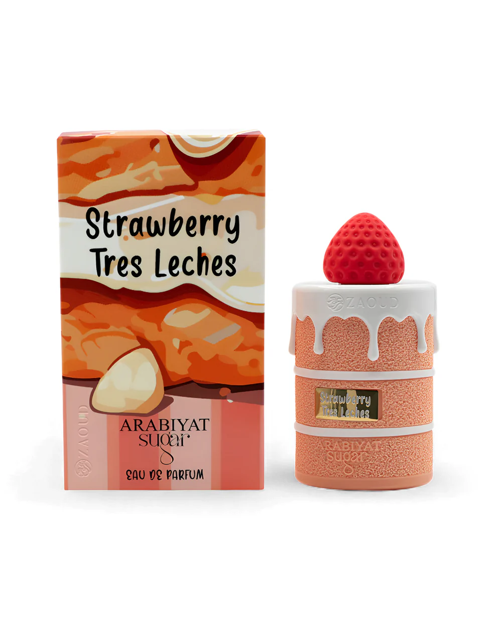 Perfume Strawberry Tres Leches com embalagem rosa e laranja e frasco decorado com morango vermelho no topo