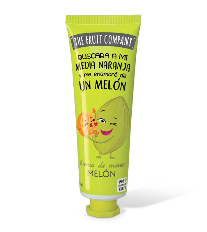 Tubo verde claro de creme de mãos da The Fruit Company com ilustração de frutas e texto em espanhol