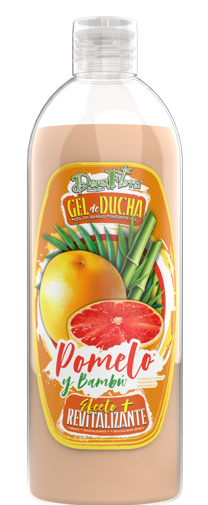 Frasco de gel de banho com rótulo amarelo e imagem de pomelo e bambu
