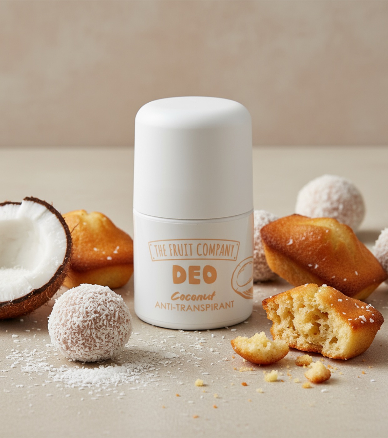 Desodorizante roll-on branco com texto THE FRUIT COMPANY DEO Coconut ANTI-TRANSPIRANT rodeado por coco e bolinhos.
