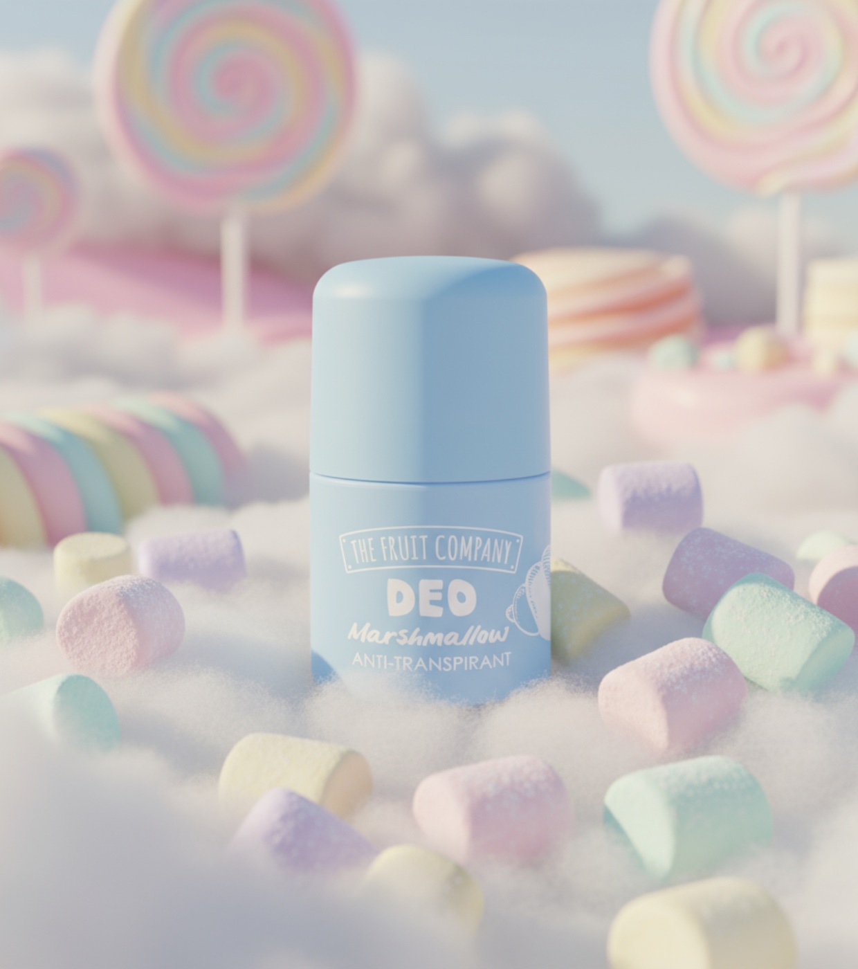 Desodorizante anti-transpirante azul claro com texto branco entre marshmallows coloridos e pirulitos