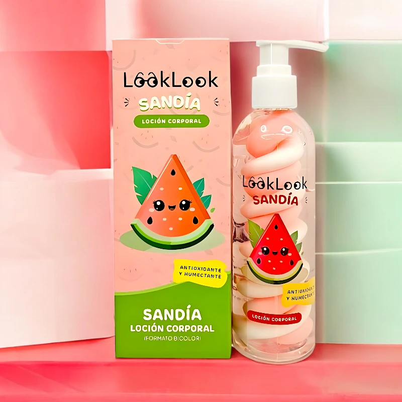 Loção corporal LookLook SANDÍA com design de melancia sorridente em embalagem rosa e verde