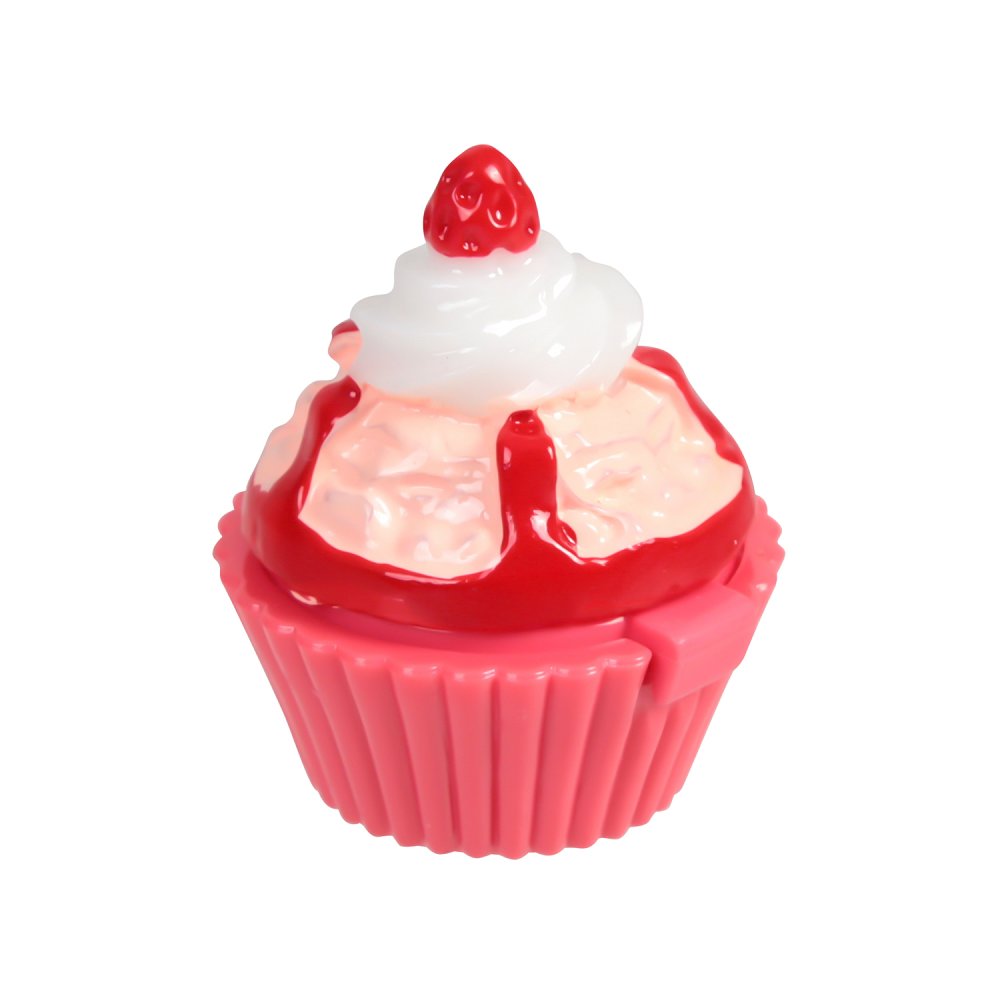 Brinquedo de plástico em forma de cupcake com cobertura branca e morango vermelho no topo.